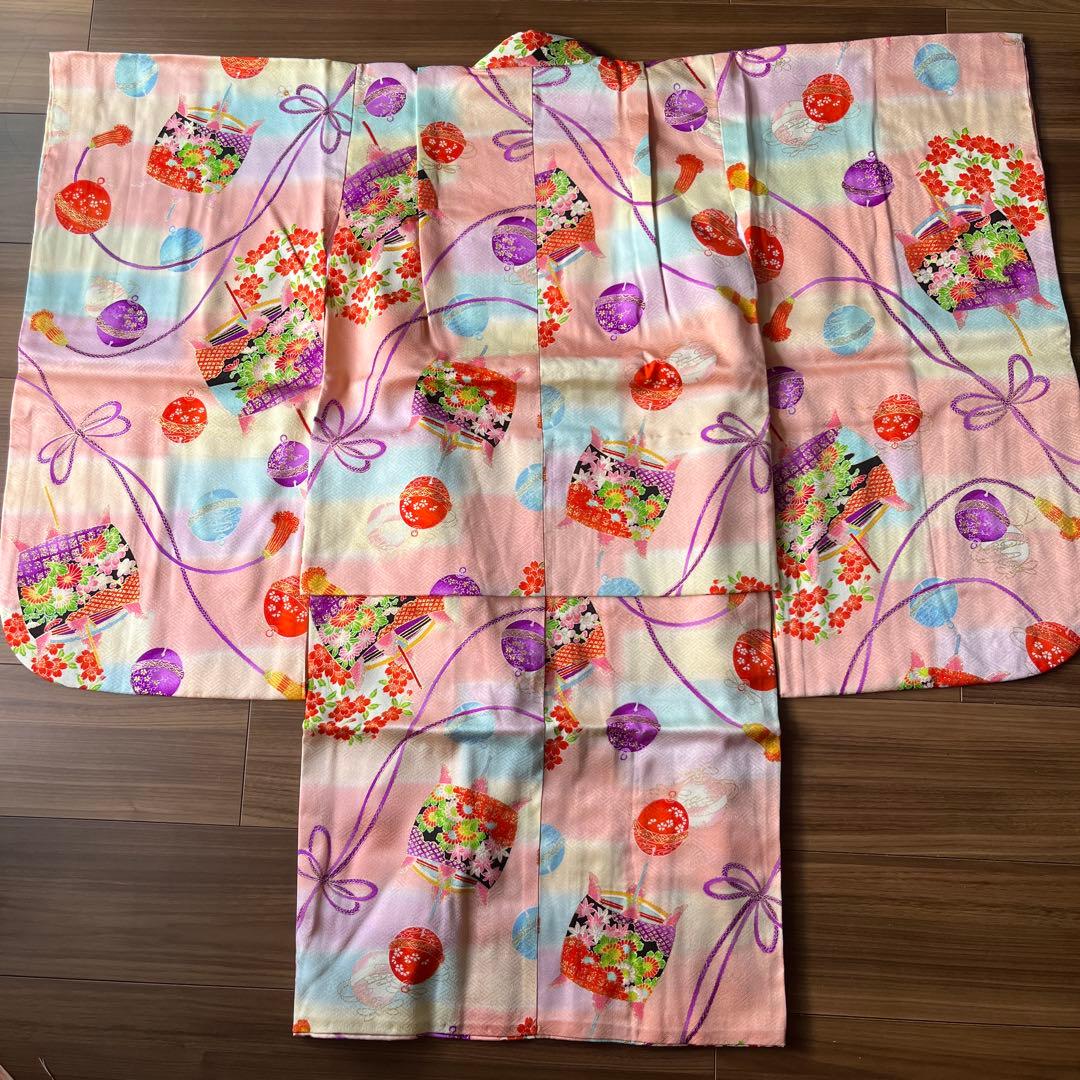 七五三 7歳女児用 正絹着物 帯 長襦袢 草履 バッグ等小物一式 ピンク系