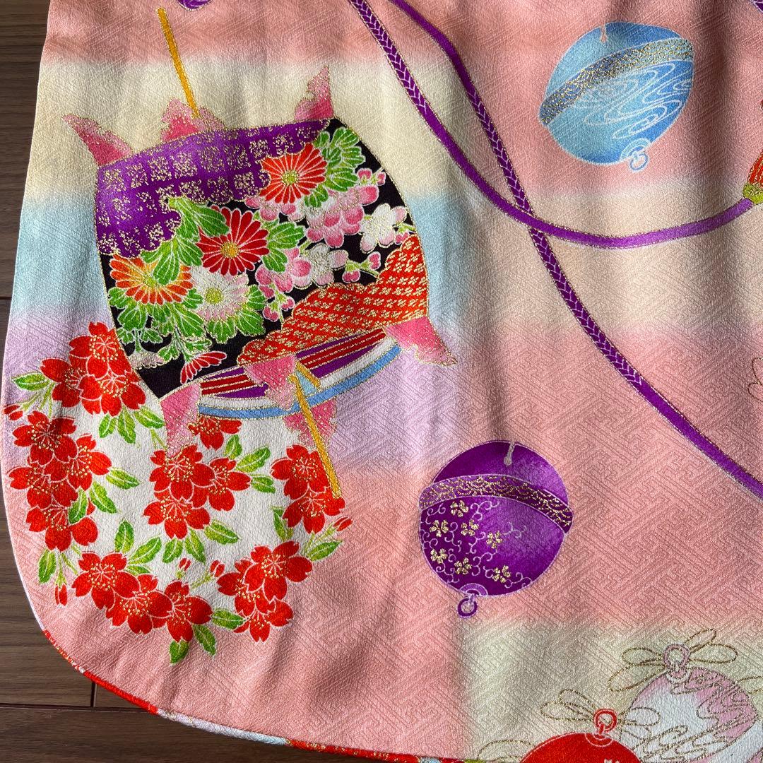 七五三 7歳女児用 正絹着物 帯 長襦袢 草履 バッグ等小物一式 ピンク系