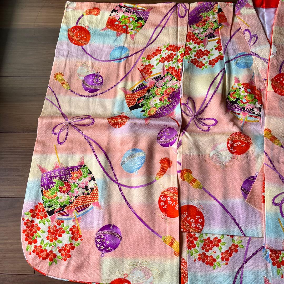 七五三 7歳女児用 正絹着物 帯 長襦袢 草履 バッグ等小物一式 ピンク系