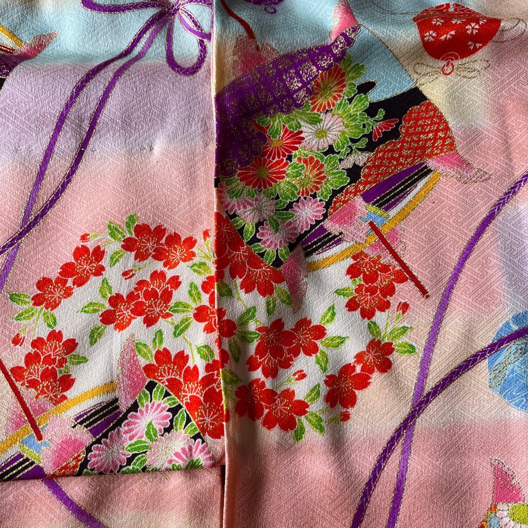 七五三 7歳女児用 正絹着物 帯 長襦袢 草履 バッグ等小物一式 ピンク系