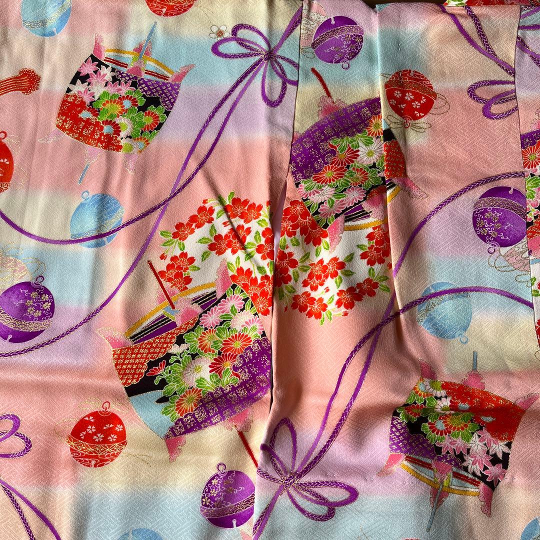 七五三 7歳女児用 正絹着物 帯 長襦袢 草履 バッグ等小物一式 ピンク系