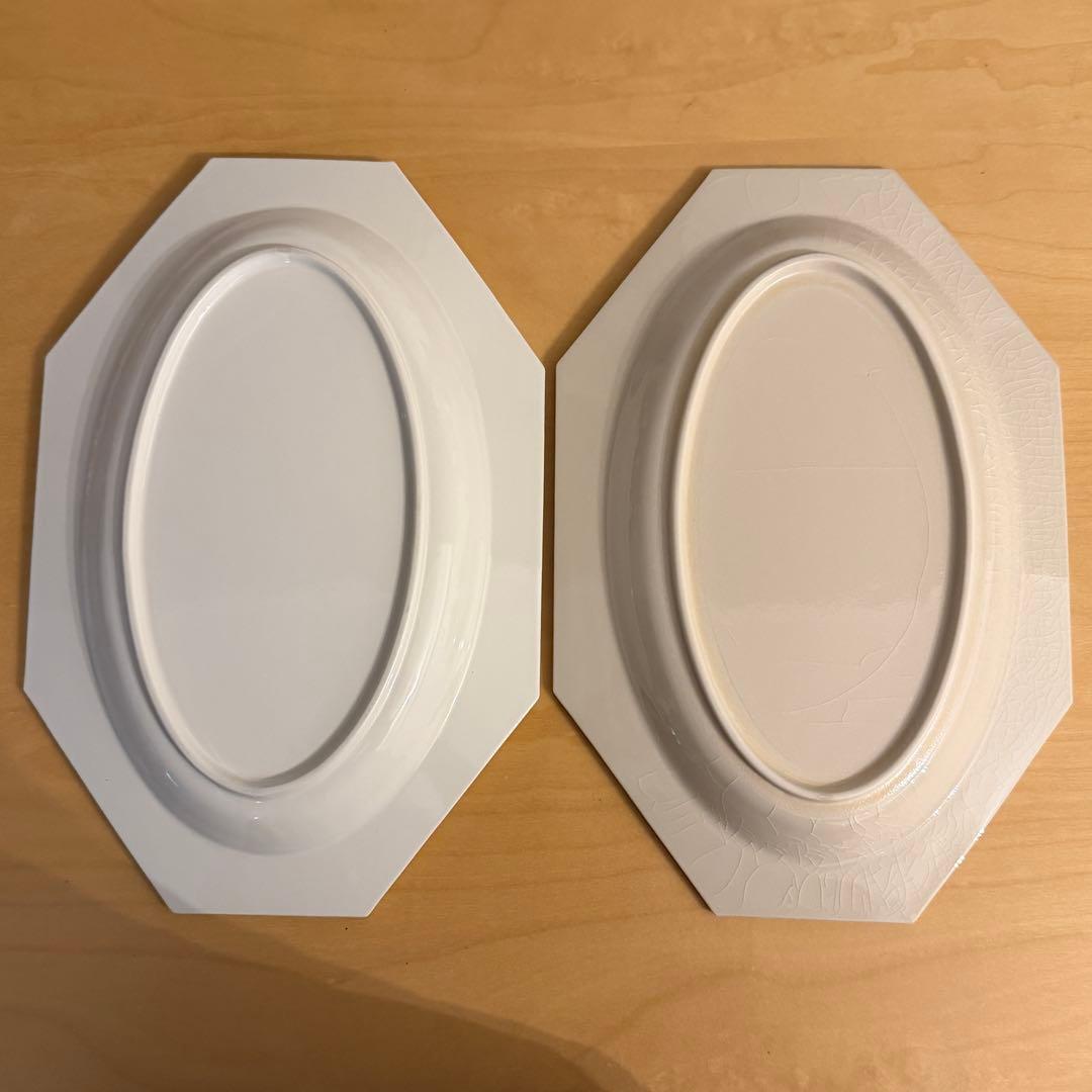 新品未使用　石川隆児 さん　貫入&ホワイト　オーバルオクトゴナル　プレート 2枚