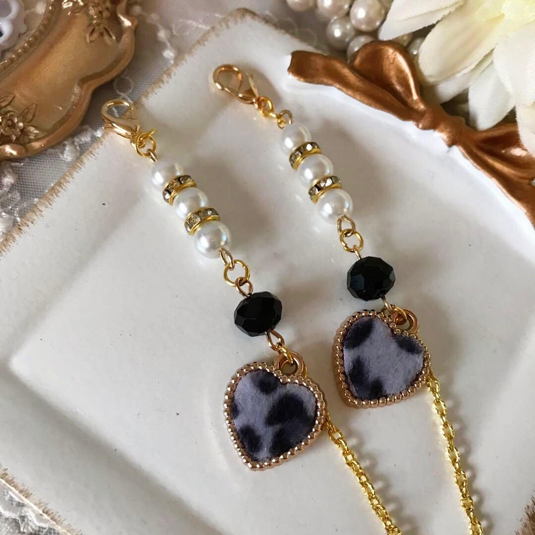 ♪573❤️ レオパード　ハート　パール　マスクチェーン　メガネチェーン