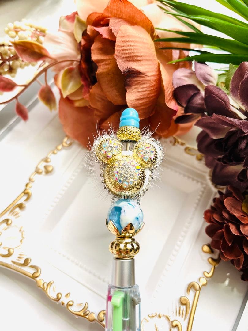 NO.228カスタム4色ボールペンネズミふわふわファー付ビーズ　チュルンビーズ