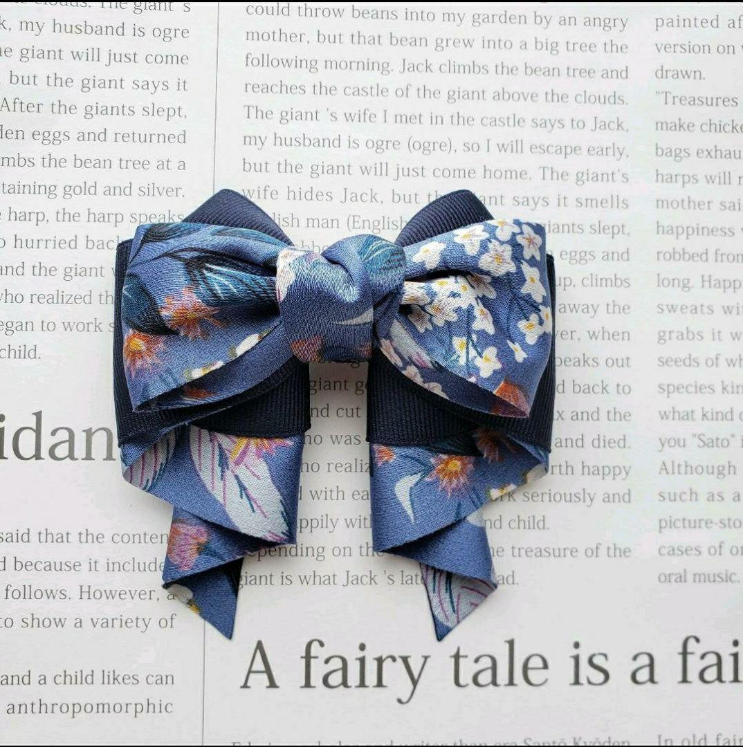 リボン　ヘアゴム♡カノンリボン～long～♡花柄ブルー♡ハンドメイド