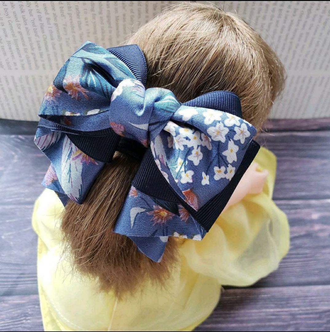 リボン　ヘアゴム♡カノンリボン～long～♡花柄ブルー♡ハンドメイド