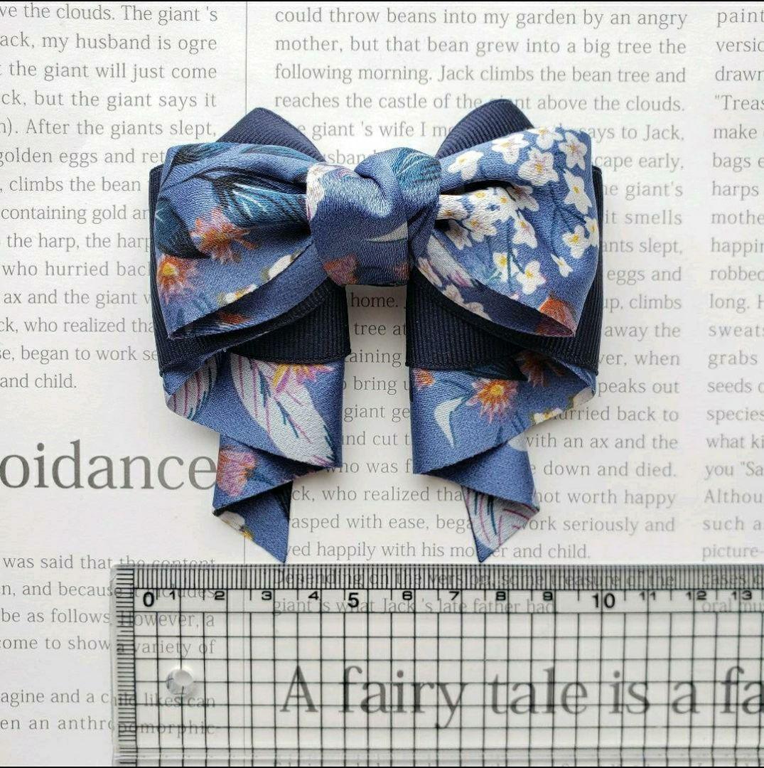 リボン　ヘアゴム♡カノンリボン～long～♡花柄ブルー♡ハンドメイド