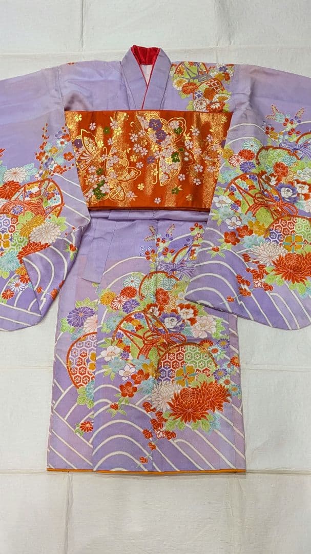 7歳　レトロ薄紫鼓　七五三　お着物・帯セット
