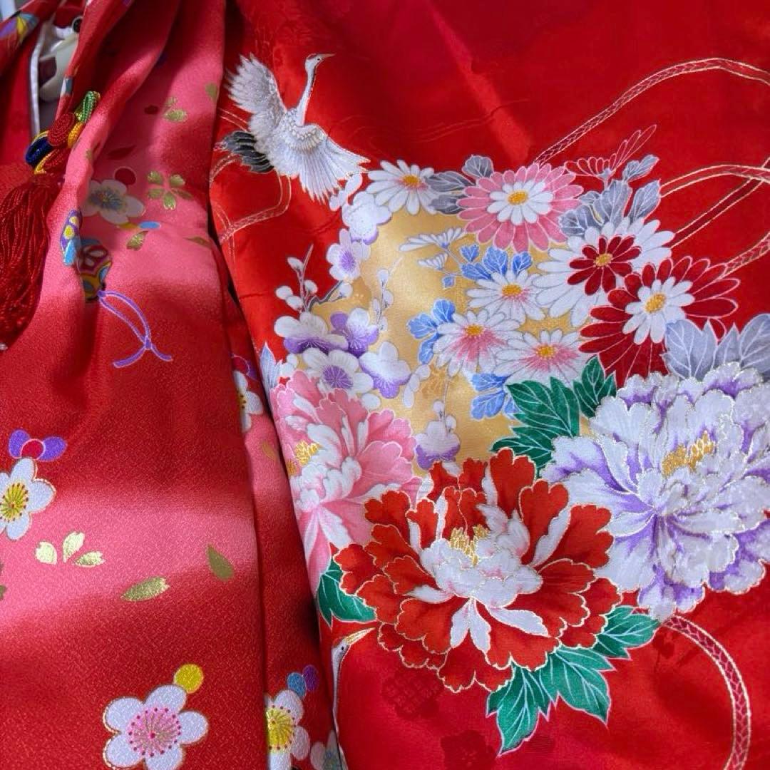 美品　七五三　３歳　赤色 花柄　鶴　着物　被布　長襦袢　3点セット　絹　即日