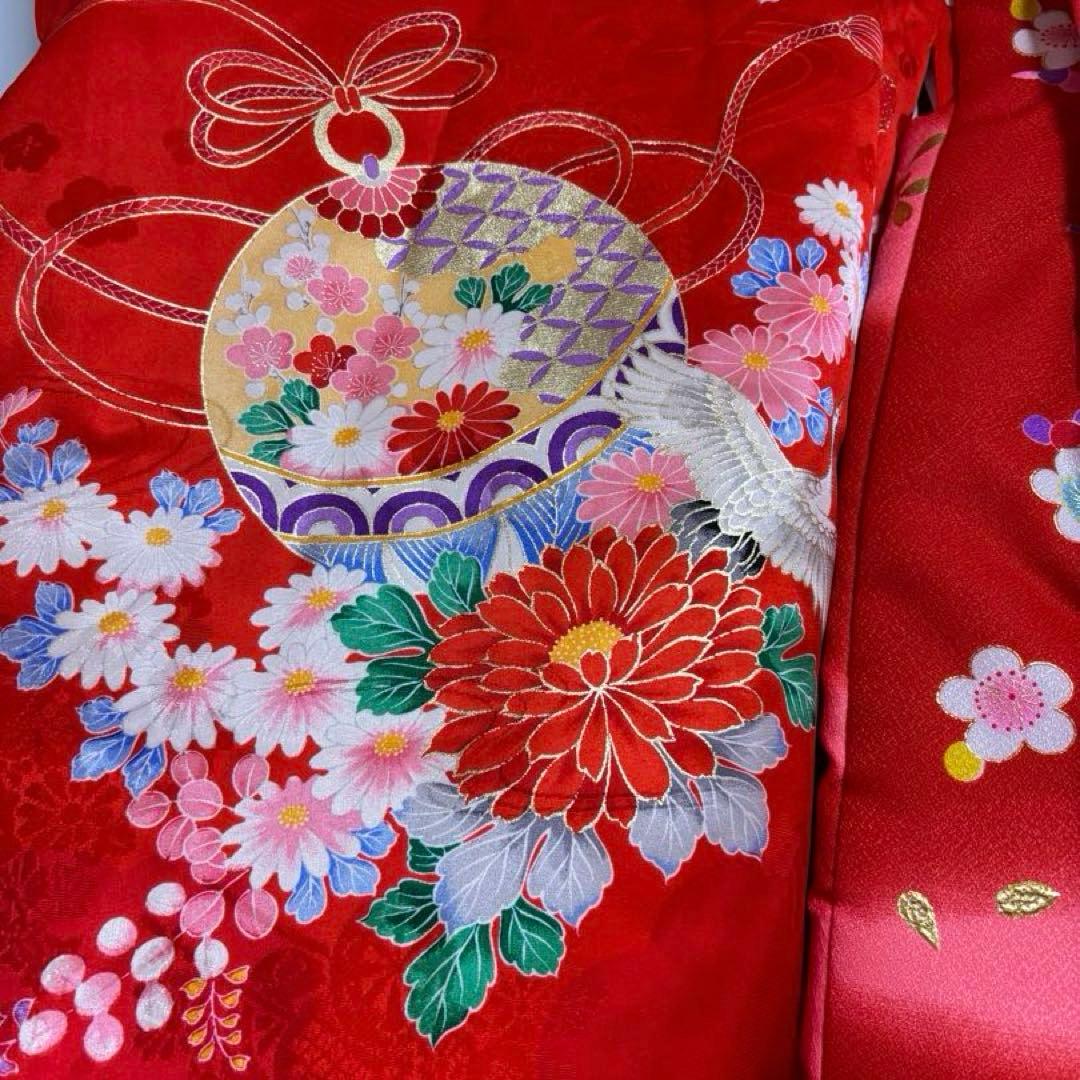 美品　七五三　３歳　赤色 花柄　鶴　着物　被布　長襦袢　3点セット　絹　即日