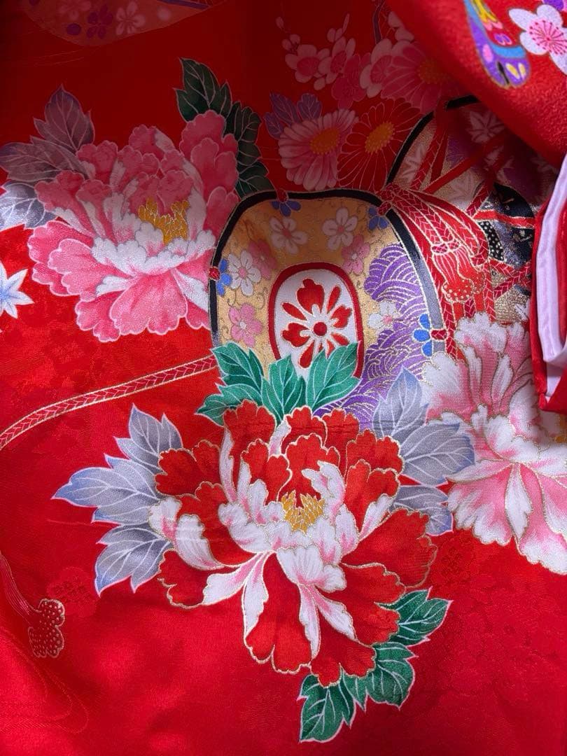 美品　七五三　３歳　赤色 花柄　鶴　着物　被布　長襦袢　3点セット　絹　即日
