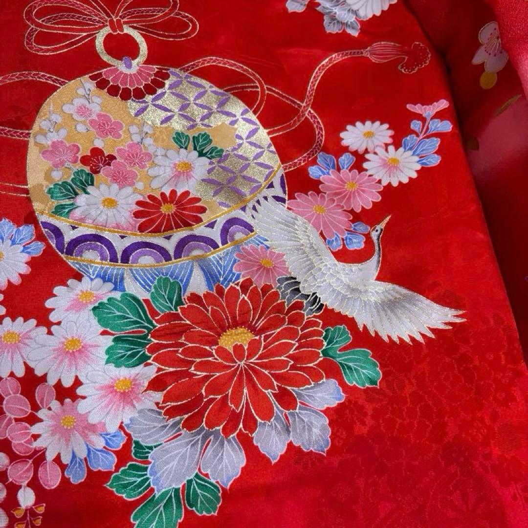 美品　七五三　３歳　赤色 花柄　鶴　着物　被布　長襦袢　3点セット　絹　即日