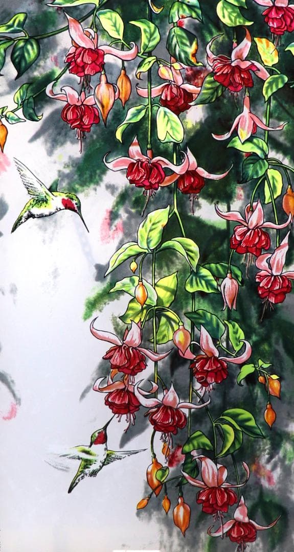 スーザン・ブルデ ヴィンテージ ステンドグラス ハチドリとフクシア 水彩画 絵画