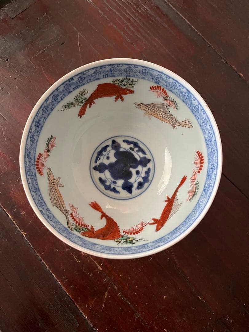 江戸中期　元禄伊万里　盛期古伊万里　上手色絵　珍品　青海波　魚鳥海老