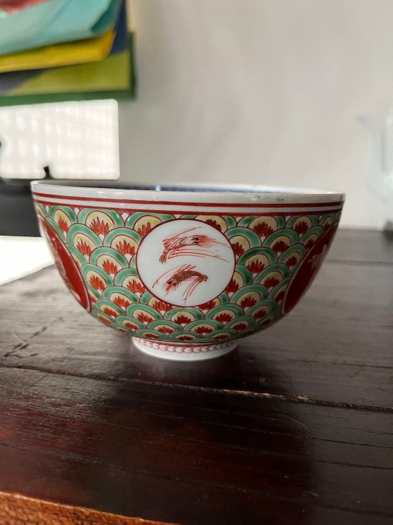 江戸中期　元禄伊万里　盛期古伊万里　上手色絵　珍品　青海波　魚鳥海老