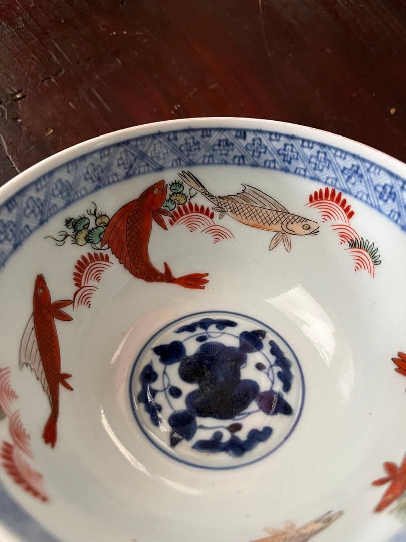 江戸中期　元禄伊万里　盛期古伊万里　上手色絵　珍品　青海波　魚鳥海老