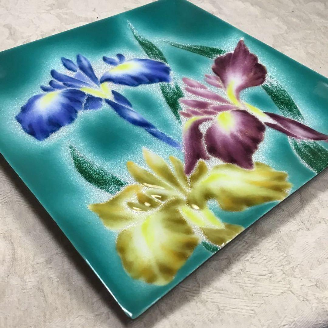 3本あやめ 七宝焼き 大皿 23.5cm 四角形 正方形