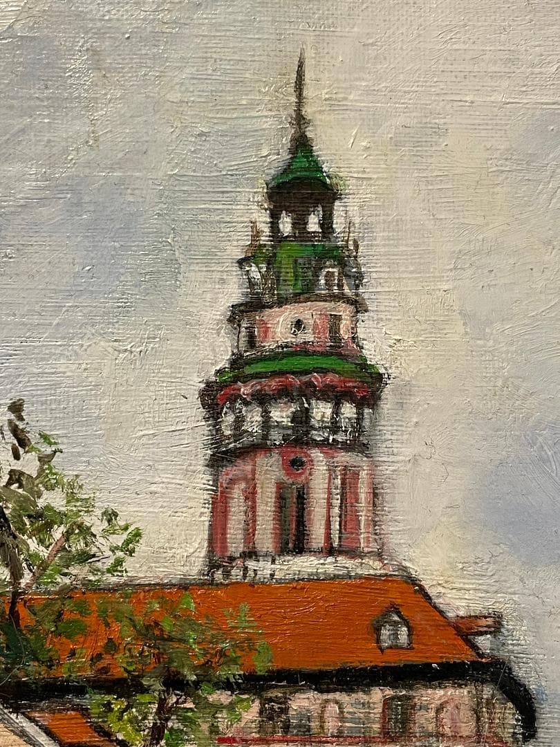 真作」真殿靖「チェスキークルムロフ」風景画 油彩画 額装 サイン有り