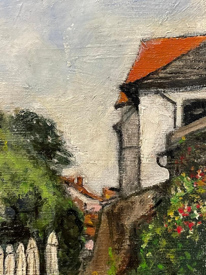 真作」真殿靖「チェスキークルムロフ」風景画 油彩画 額装 サイン有り