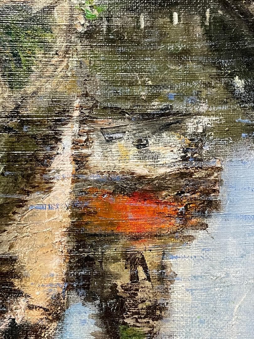 真作」真殿靖「チェスキークルムロフ」風景画 油彩画 額装 サイン有り