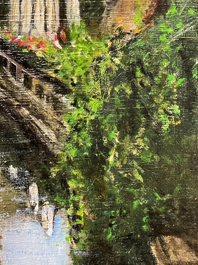 真作」真殿靖「チェスキークルムロフ」風景画 油彩画 額装 サイン有り