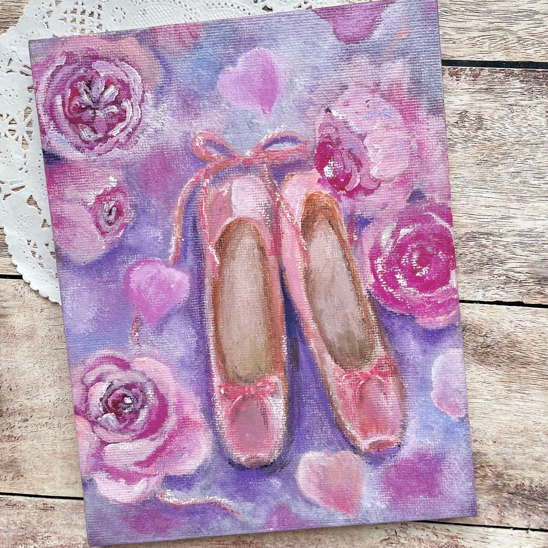 アクリル画　オイルパステル画 薔薇とトウシューズ　キャンバスアート　ご予約品
