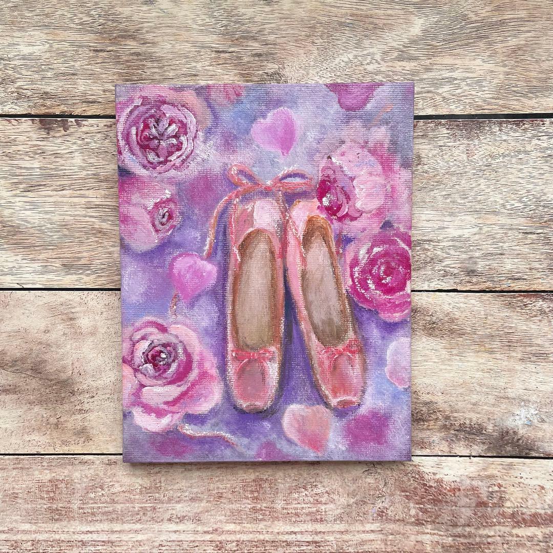 アクリル画　オイルパステル画 薔薇とトウシューズ　キャンバスアート　ご予約品