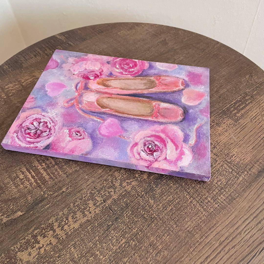 アクリル画　オイルパステル画 薔薇とトウシューズ　キャンバスアート　ご予約品
