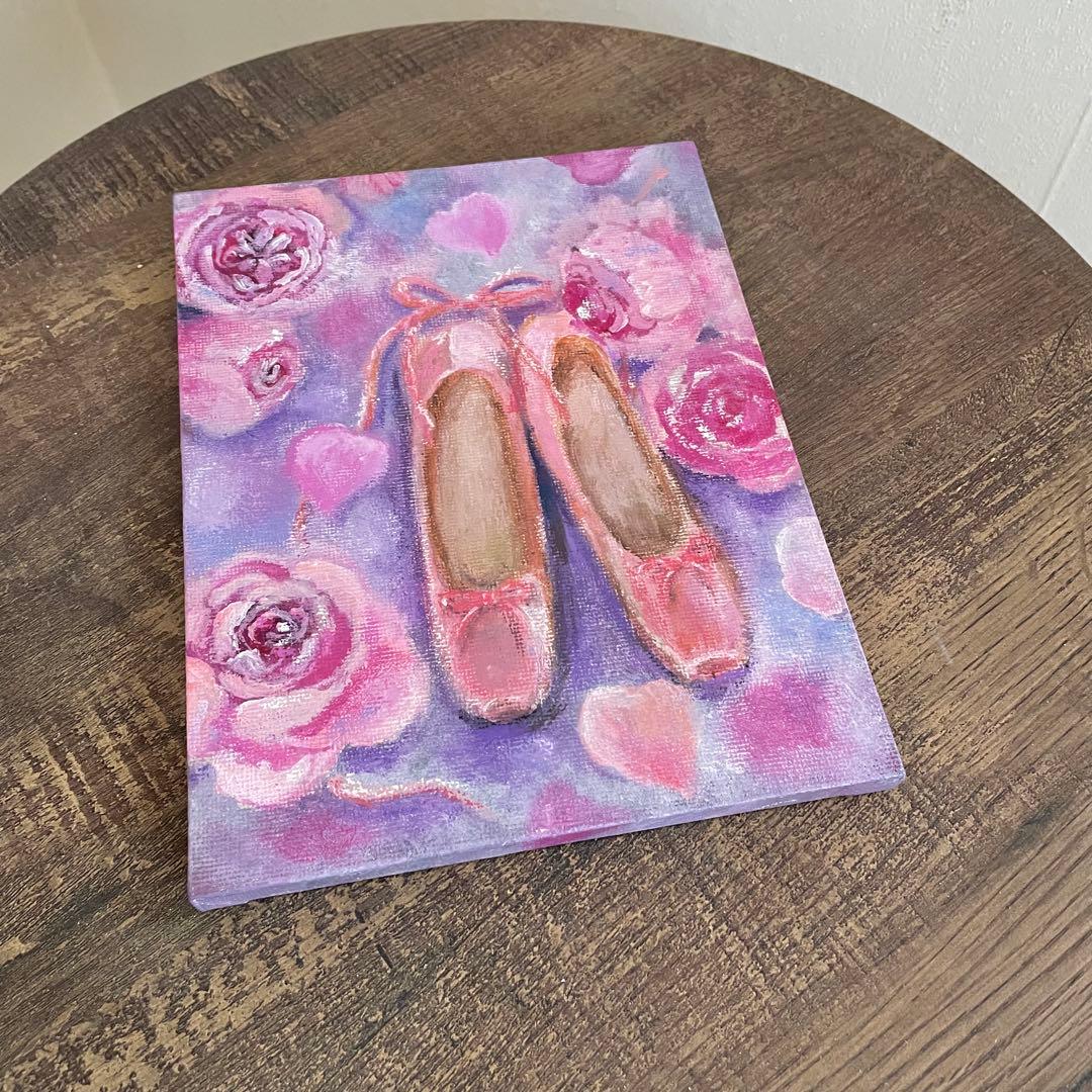 アクリル画　オイルパステル画 薔薇とトウシューズ　キャンバスアート　ご予約品