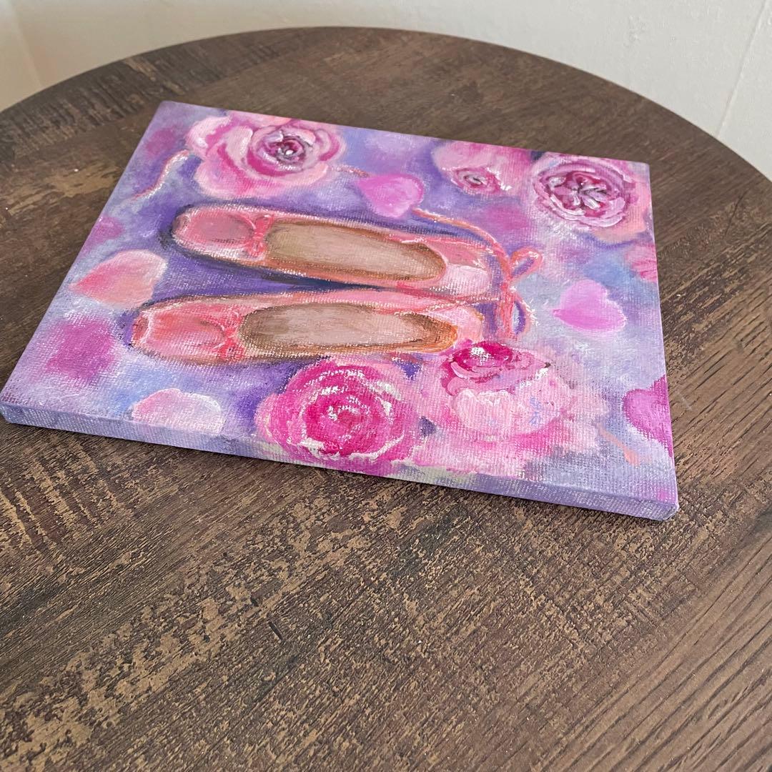 アクリル画　オイルパステル画 薔薇とトウシューズ　キャンバスアート　ご予約品