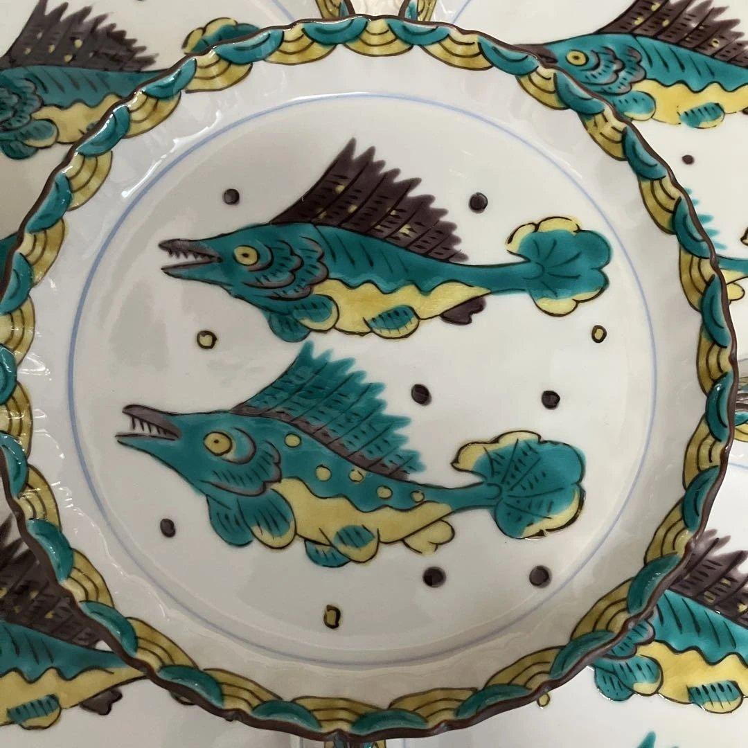九谷焼き　魯山人写し　双魚文　皿５枚組　作家山下紫布
