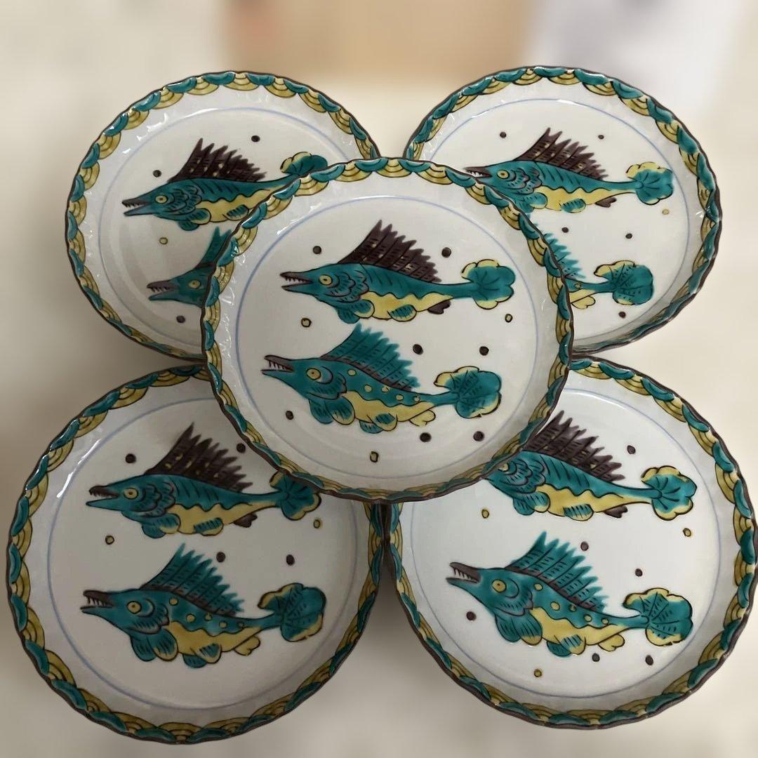 九谷焼き　魯山人写し　双魚文　皿５枚組　作家山下紫布