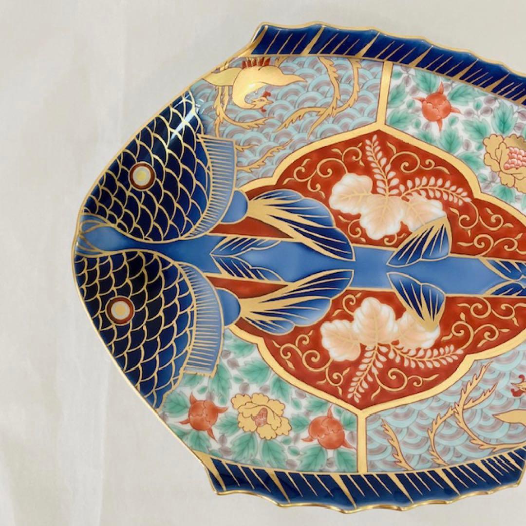 未使用　深川製磁　宮内庁御用達　古伊万里鳳凰割地紋　魚型皿