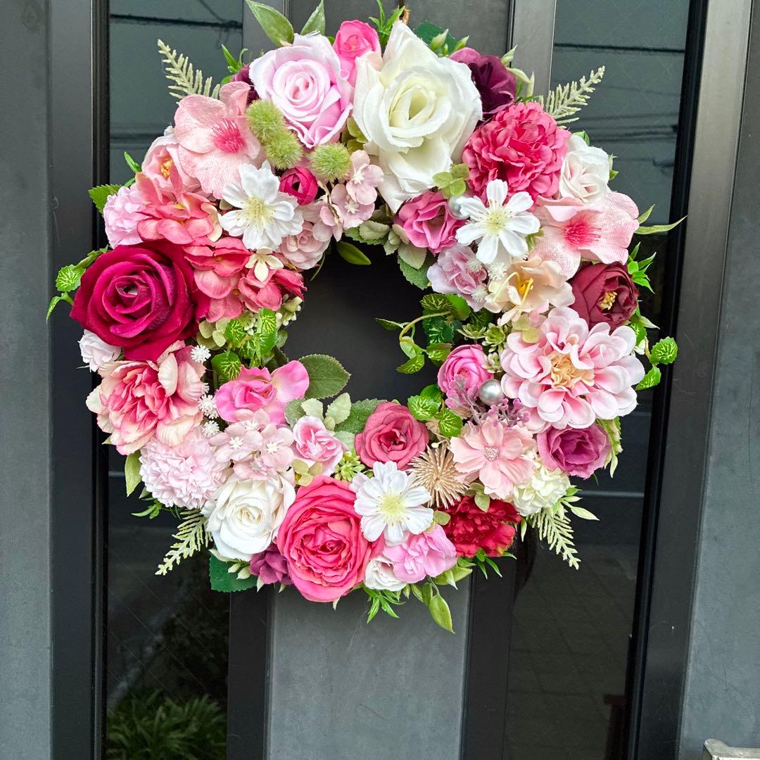 ✳️フラワーリース✳️pink＆red❤️32㎝☆玄関リース☆フラワー