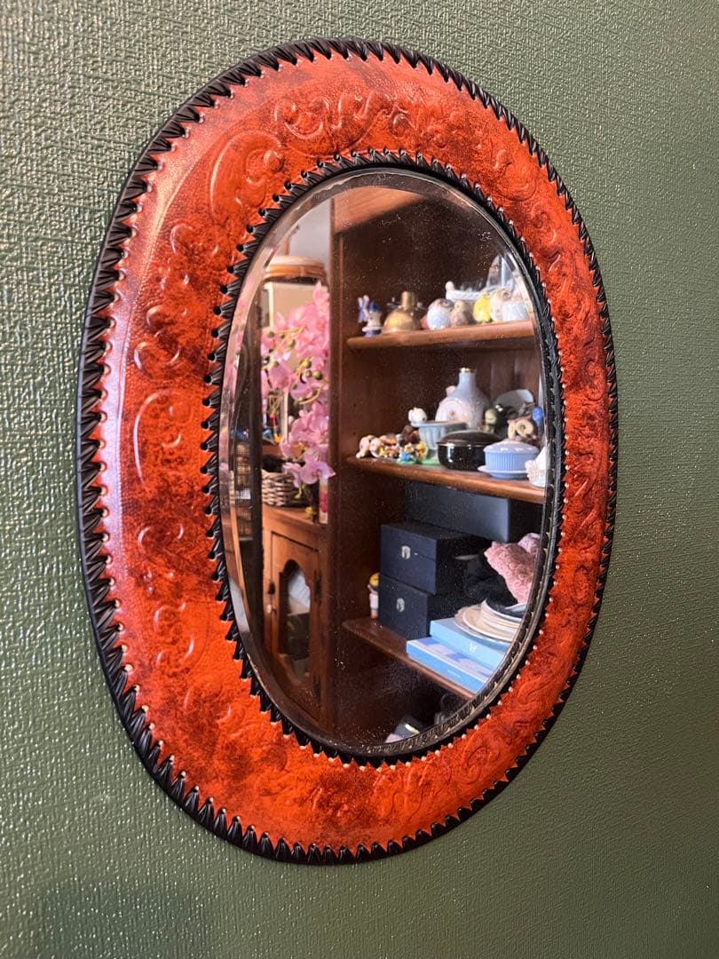 未使用 ミラー 壁掛け 鏡 レザー インテリア アンティーク 昭和レトロ 当時物