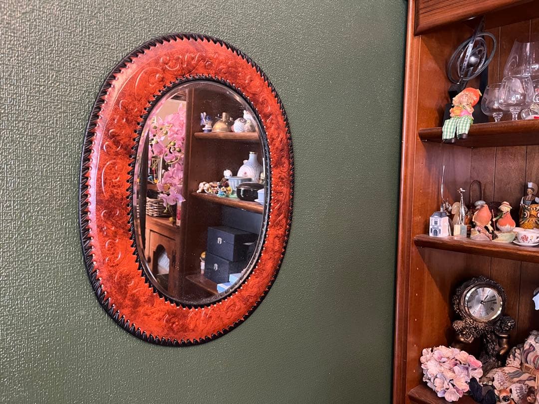 未使用 ミラー 壁掛け 鏡 レザー インテリア アンティーク 昭和レトロ 当時物
