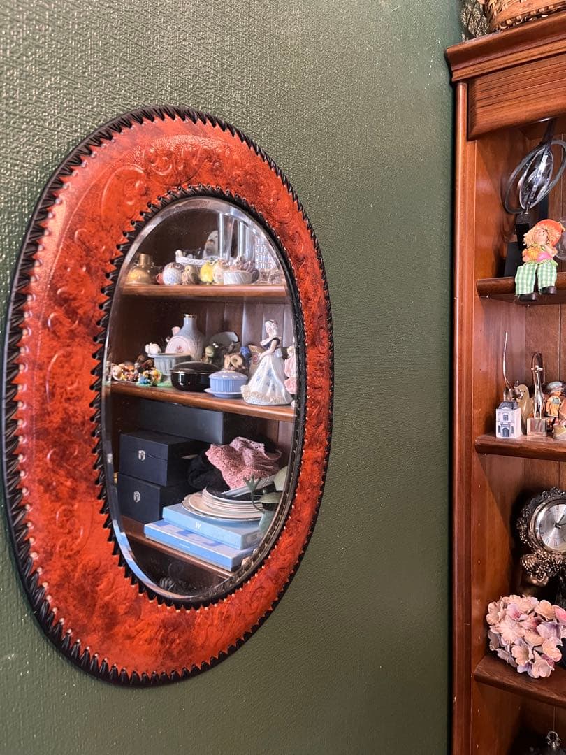 未使用 ミラー 壁掛け 鏡 レザー インテリア アンティーク 昭和レトロ 当時物