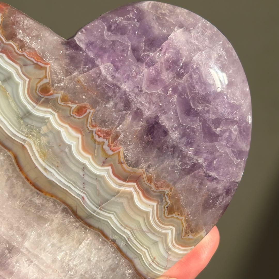 《美品》　アメジスト　アゲート　共生　ハート　台座付き