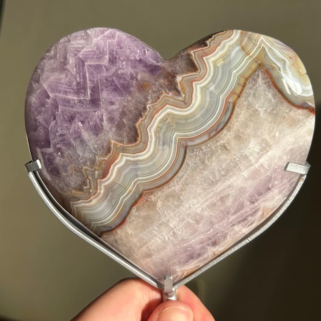 《美品》　アメジスト　アゲート　共生　ハート　台座付き