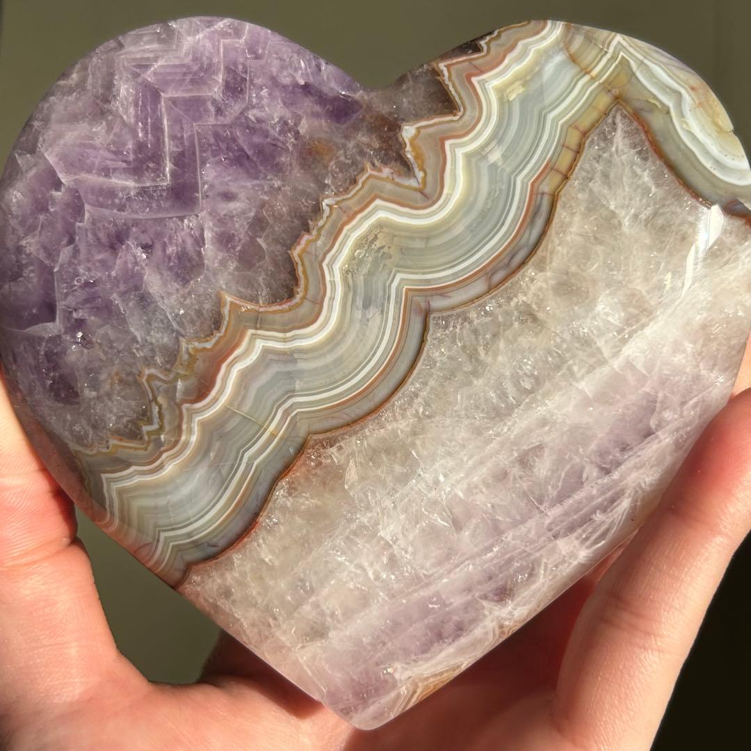 《美品》　アメジスト　アゲート　共生　ハート　台座付き