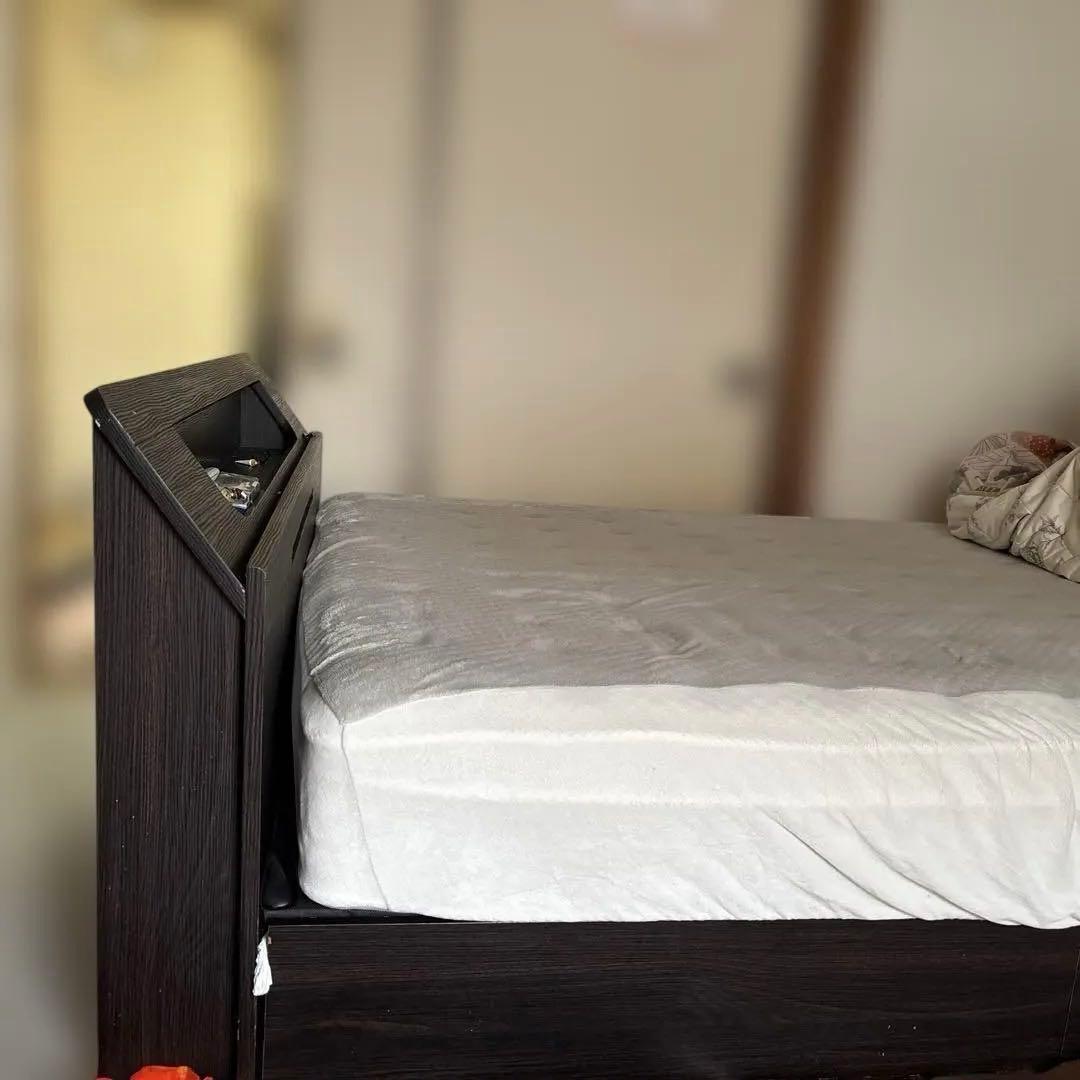 ダークブラウン 木製 ダブルベッドフレーム 収納付き