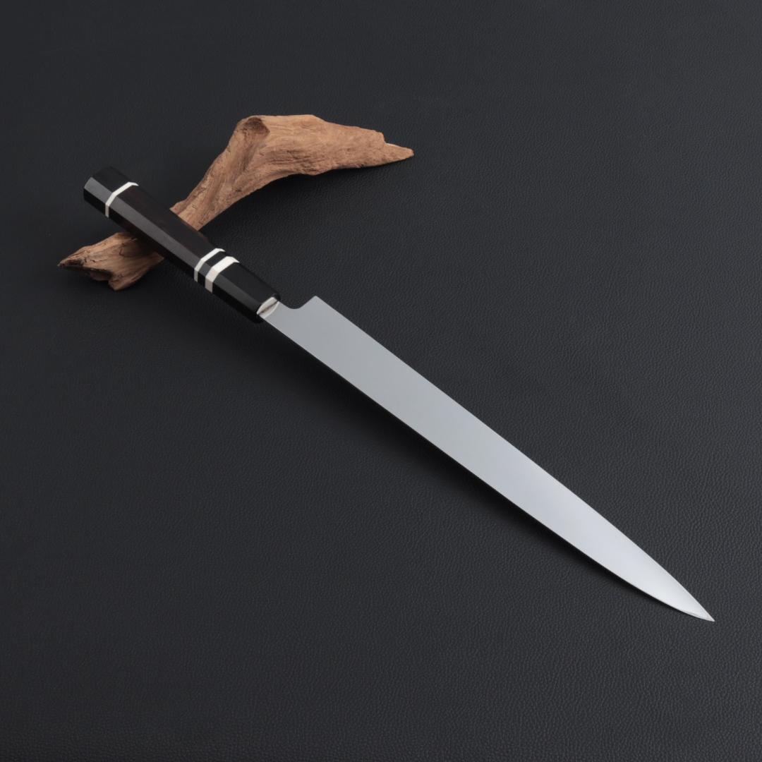 8611 世界一薄い 鏡面仕上げ 極薄柳刃包丁 尺 黒檀黒水牛角白三本巻