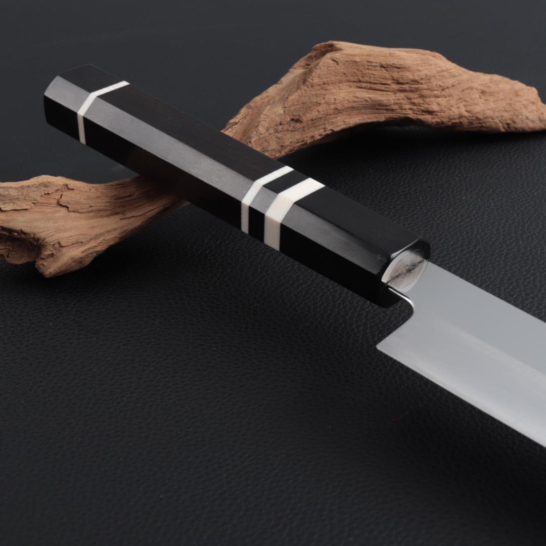 8611 世界一薄い 鏡面仕上げ 極薄柳刃包丁 尺 黒檀黒水牛角白三本巻