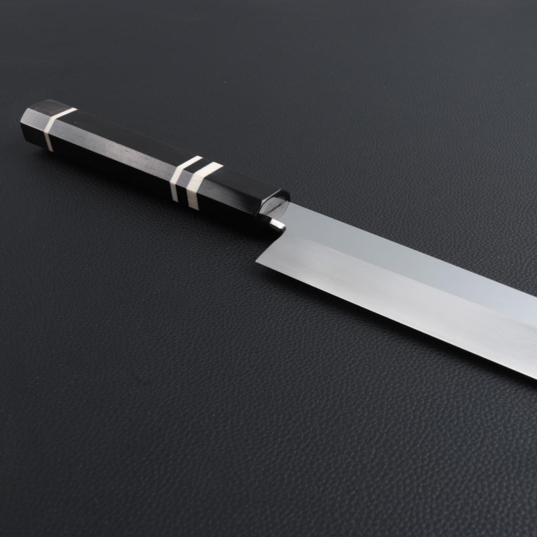 8611 世界一薄い 鏡面仕上げ 極薄柳刃包丁 尺 黒檀黒水牛角白三本巻