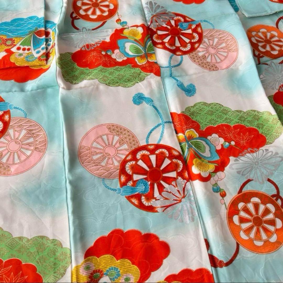 子供　セミアンティーク着物　七五三　水色　蝶々　7歳