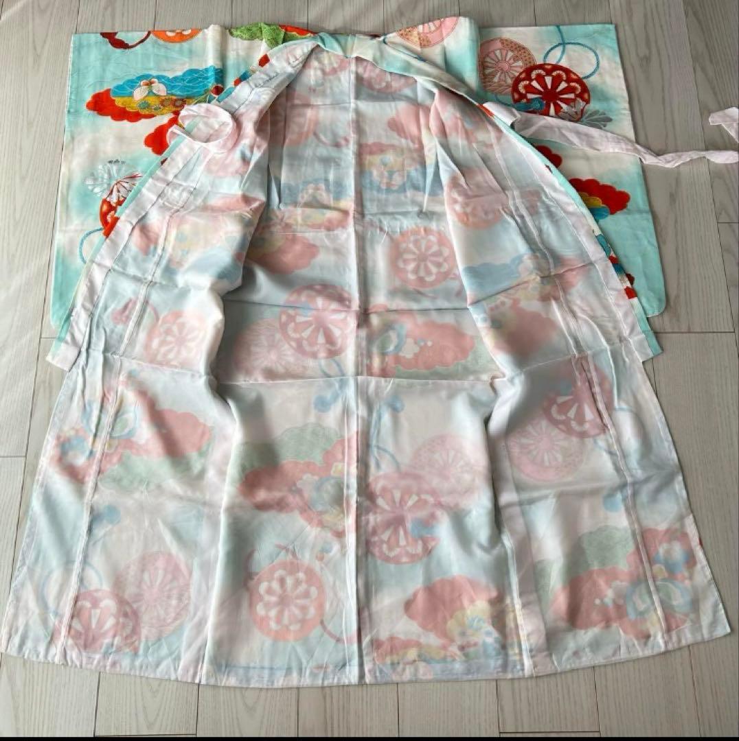 子供　セミアンティーク着物　七五三　水色　蝶々　7歳