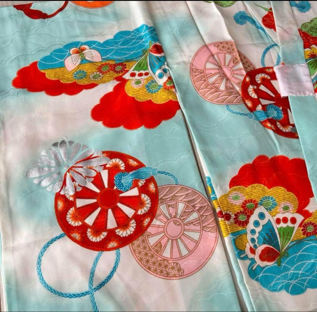 子供　セミアンティーク着物　七五三　水色　蝶々　7歳