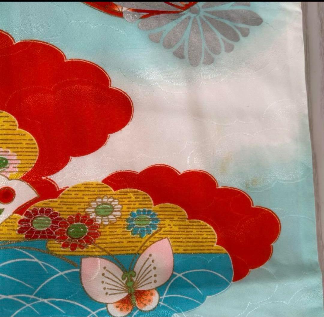 子供　セミアンティーク着物　七五三　水色　蝶々　7歳