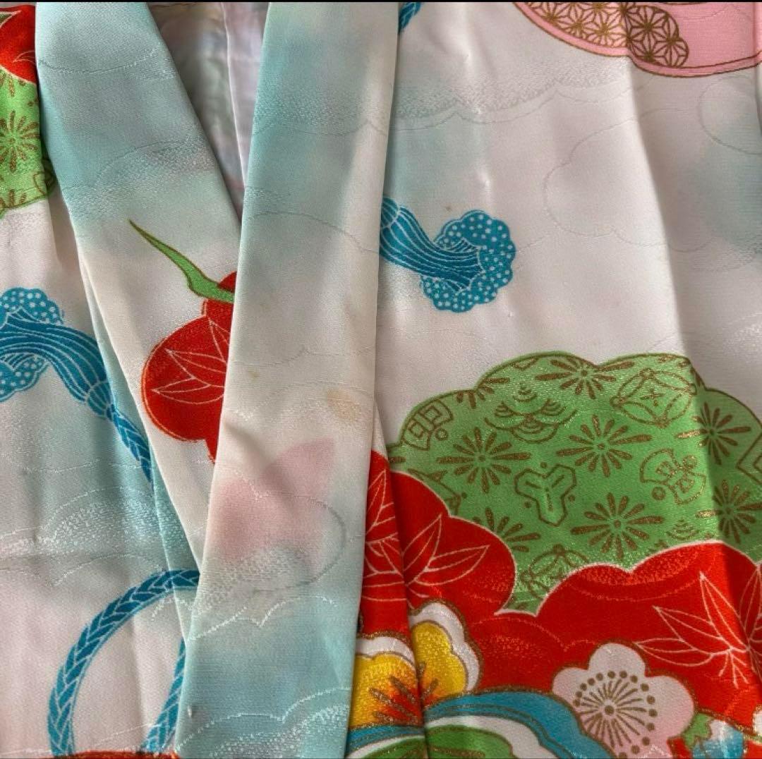 子供　セミアンティーク着物　七五三　水色　蝶々　7歳