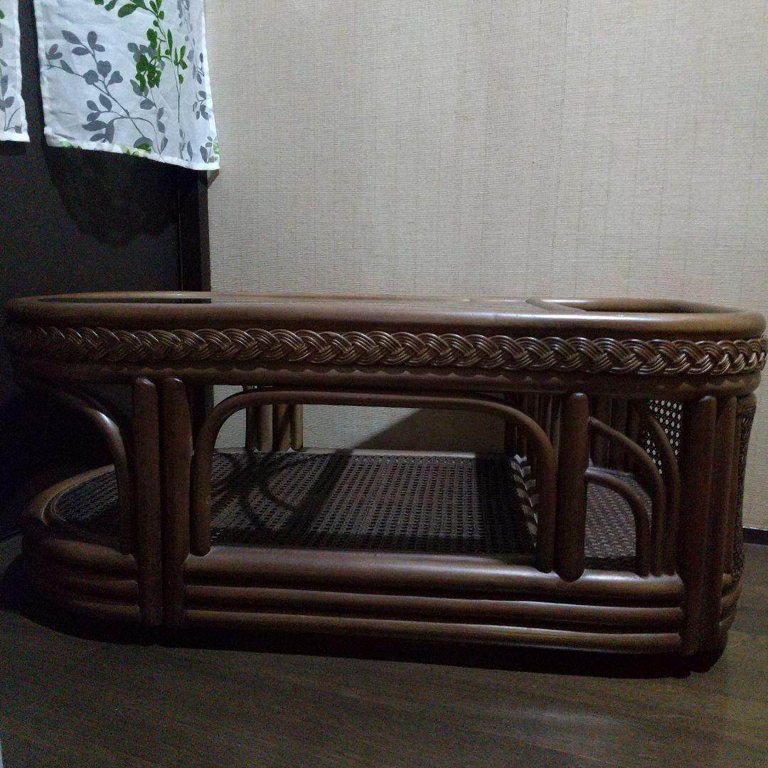 籐 ラタン 楕円形テーブル ガラス天板